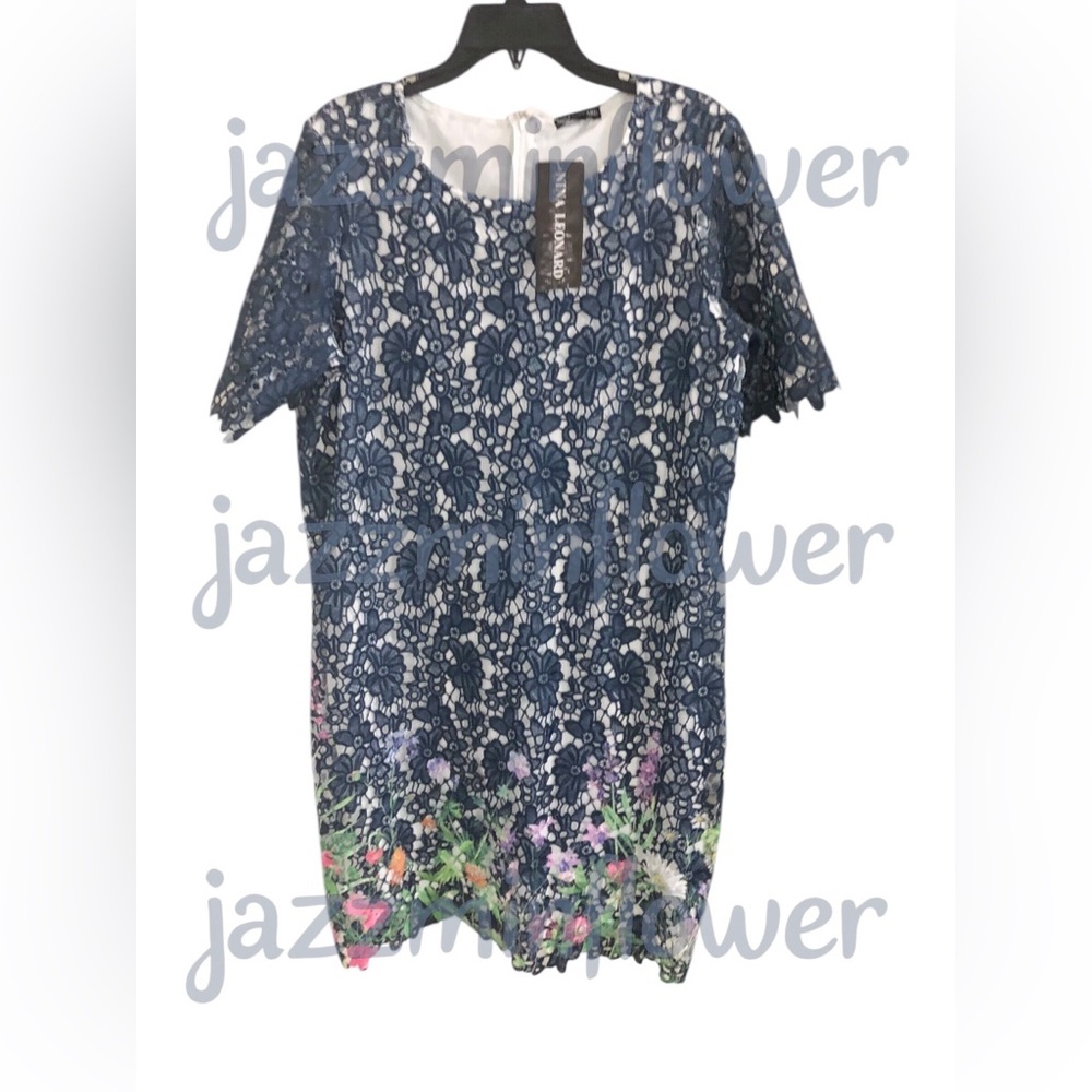 Nina Leonard navy blue combo floral crochet embroidered dress size 1X